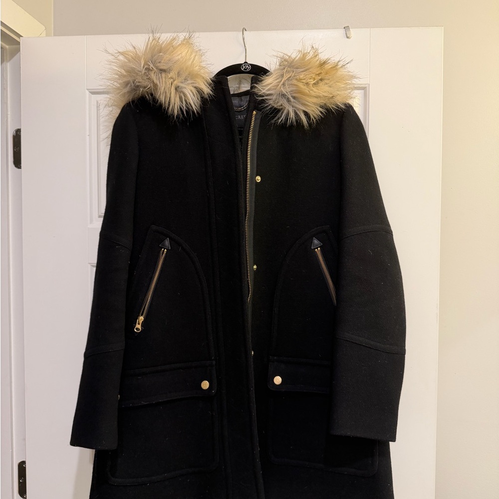 J. Crew Black Coat with Fur Trim
